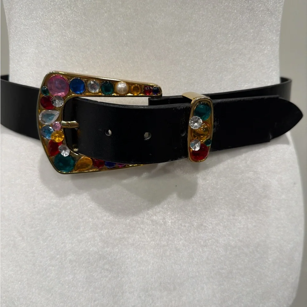 Vintage Taiwan Genuine Leather Rhinestone Belt Gold Buckle Retro Statement